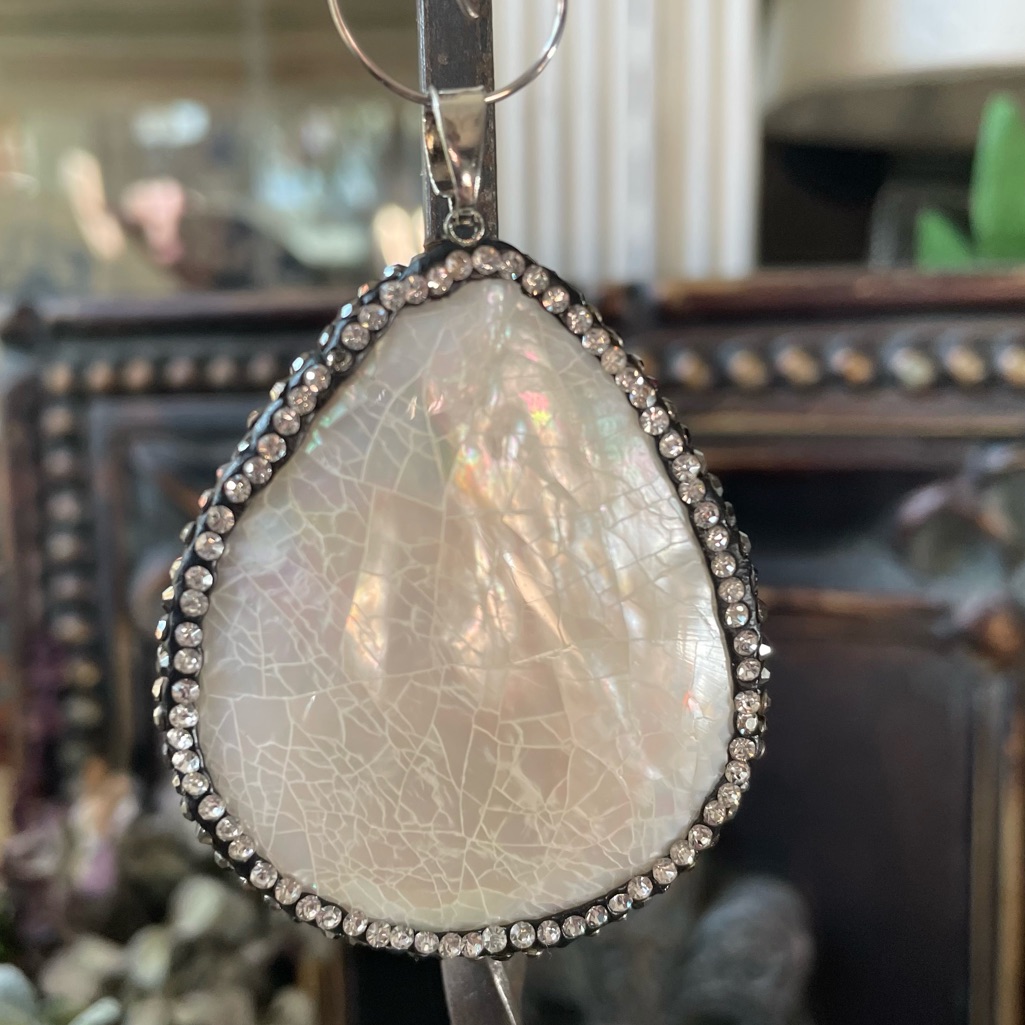 White Mother Of Pearl Pendant Pave Rhinestones